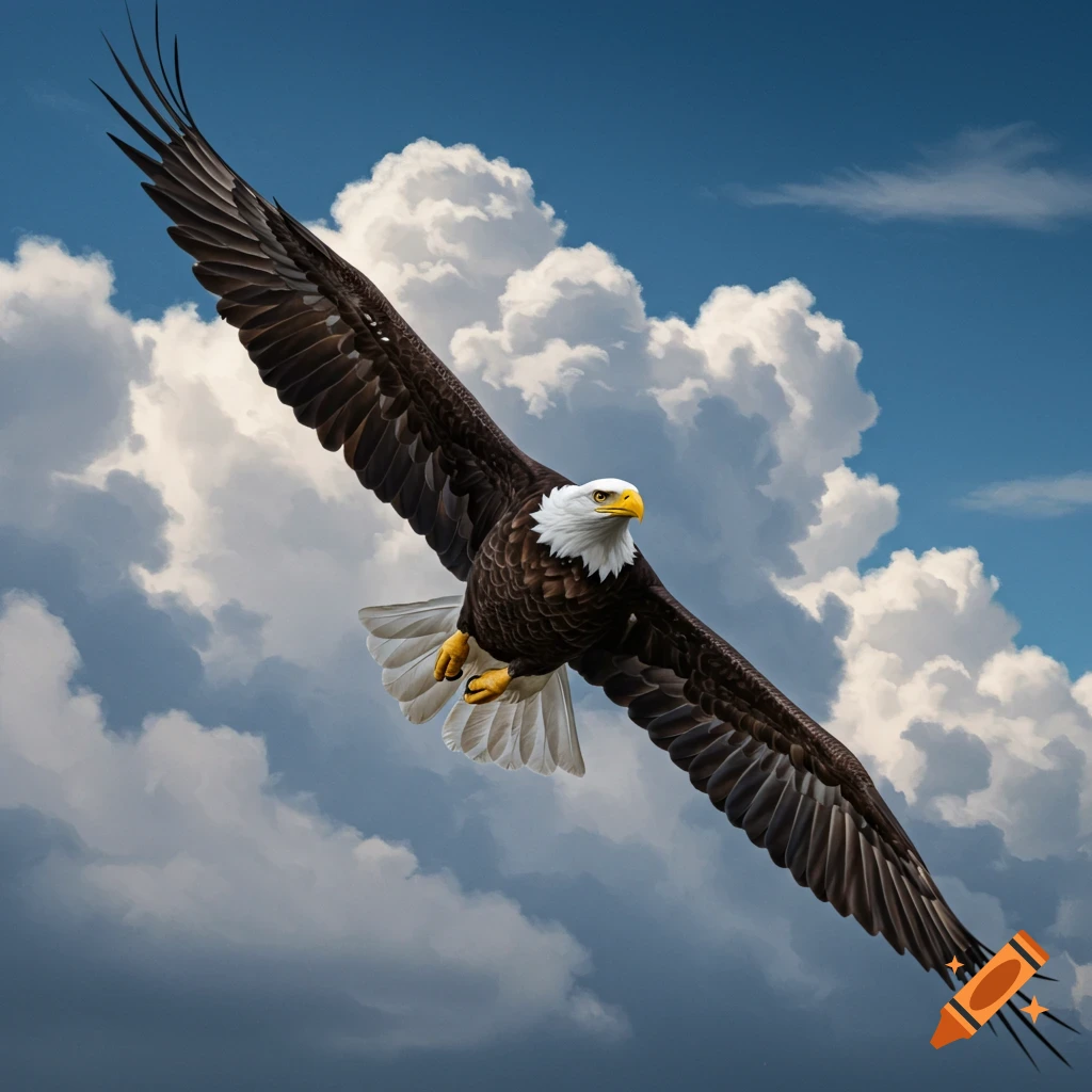 A bald eagle soars through a cloudy blue sky with its wings spread wide.