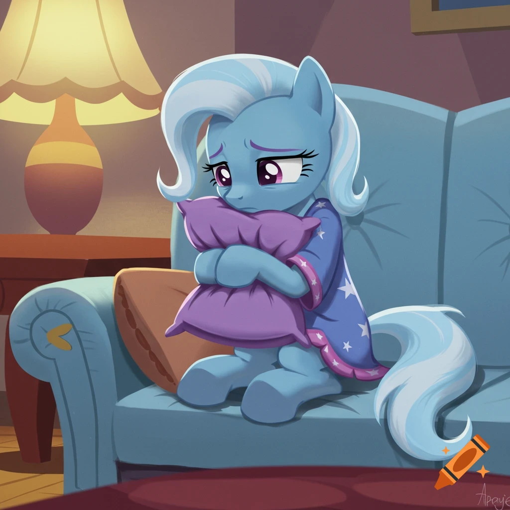Cartoon pony in blue pajamas sits sadly on a couch, hugging a purple pillow.