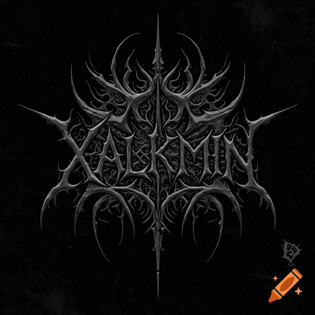 A dark, spiky black metal logo featuring the word 'XALKMIN'