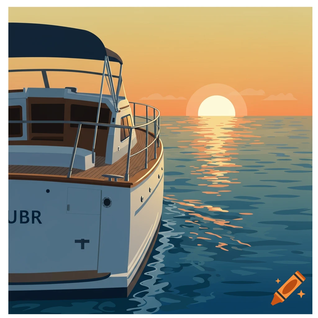 Illustration of the back of a boat on the water at sunset