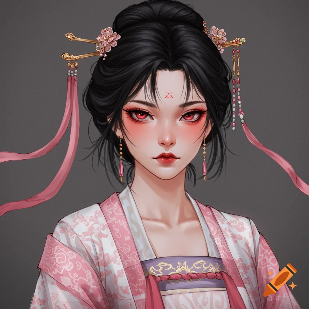 An anime portrait of a woman in traditional Chinese hanfu, with red eyes and elaborate hair ornaments.