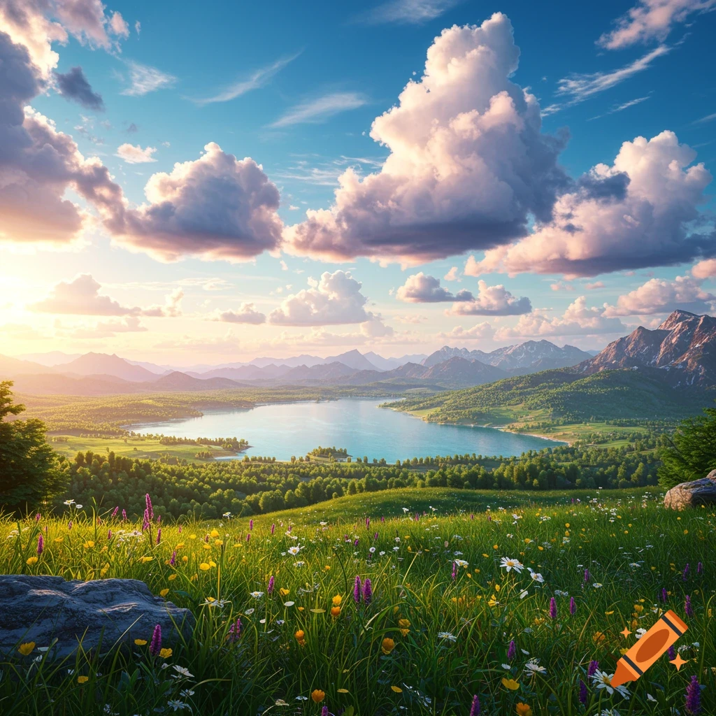 A beautiful mountain landscape with a lake, green hills, wildflowers, and fluffy clouds at sunset.