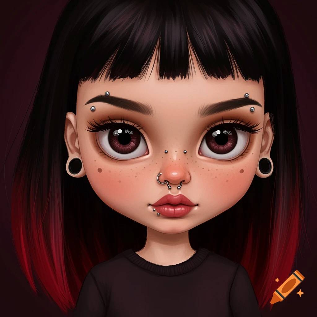A doll-like portrait of a young woman with dark hair, red tips, facial piercings, and freckles.