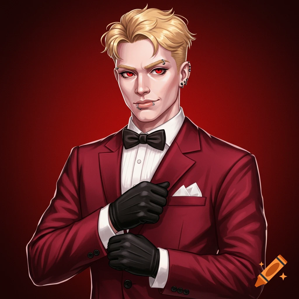 Stylized portrait of a young man with blonde hair, red eyes, and piercings wearing a crimson tuxedo and black gloves.