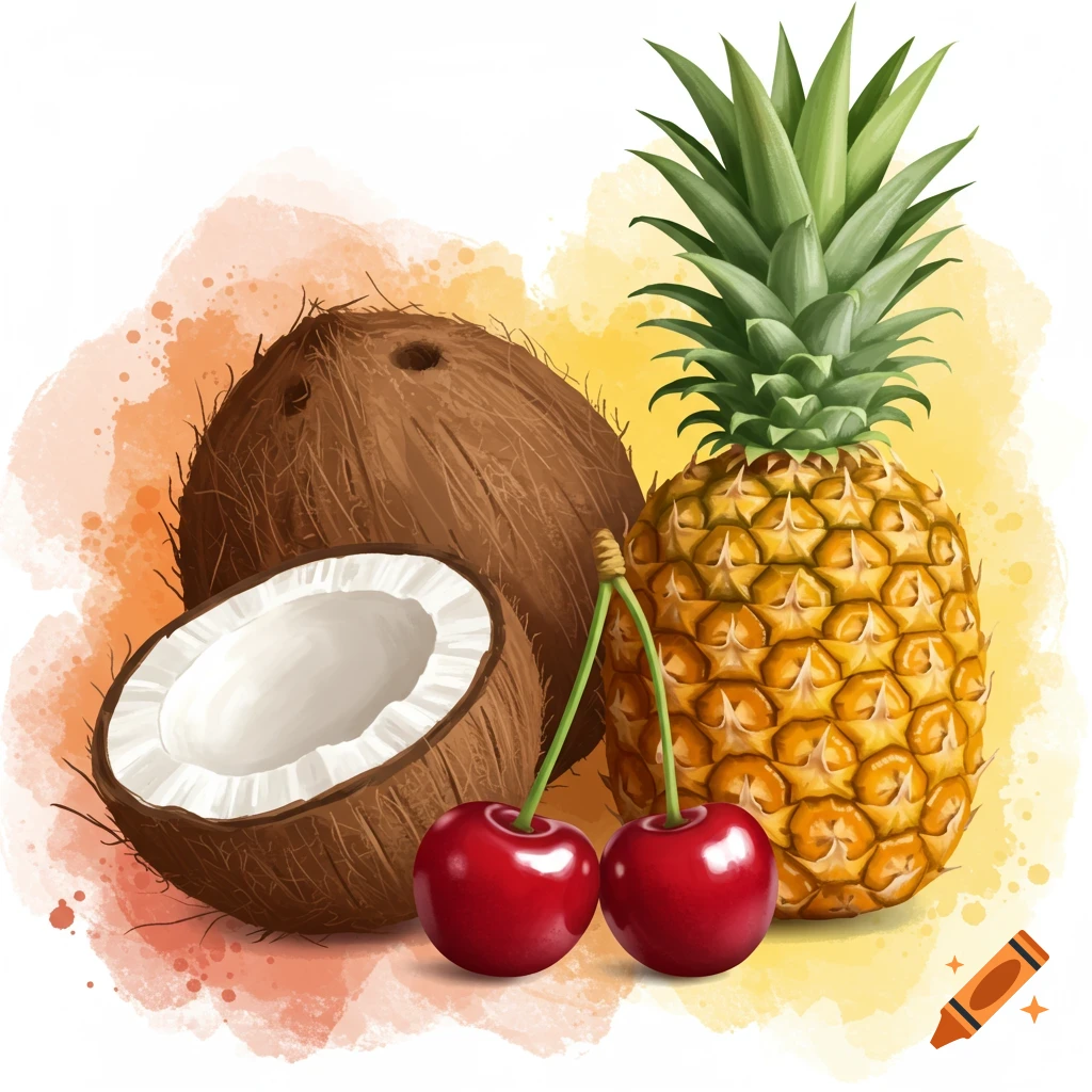 A watercolor illustration of a split coconut, a whole pineapple, and two cherries.