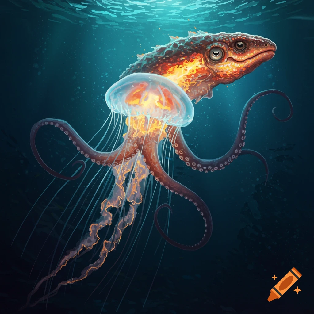A creature combining a fire salamander head, a jellyfish bell, and squid tentacles swims underwater.