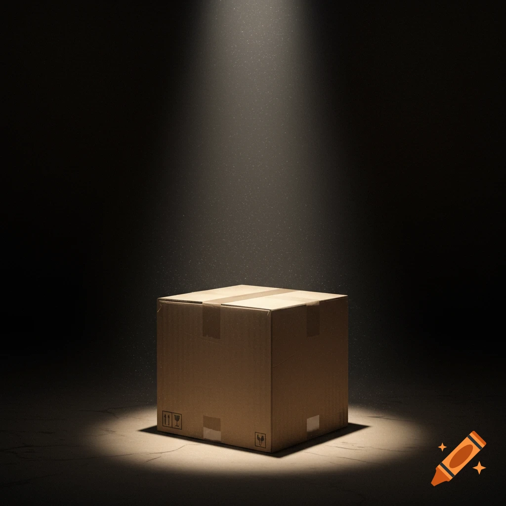 A cardboard box sits on the floor under a bright spotlight in a dark room.