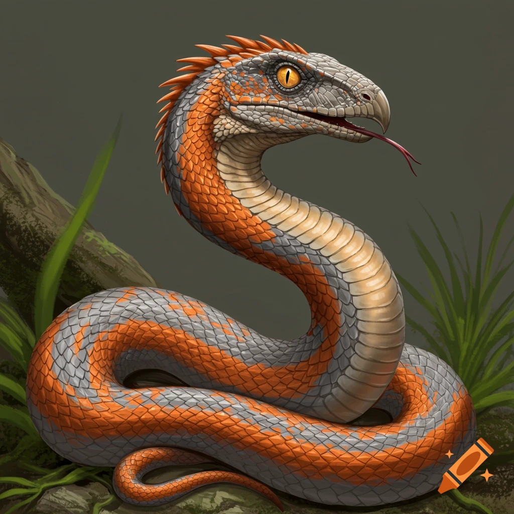 Illustration of an orange and grey snake-like creature with raptor features, sitting on a branch.