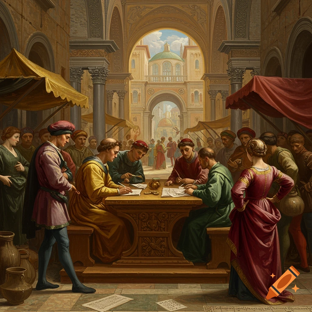 A painting depicts a group of people at a table in a busy Renaissance market