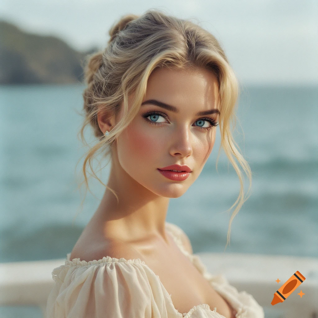 Realistic portrait of a blonde woman with blue eyes by the sea