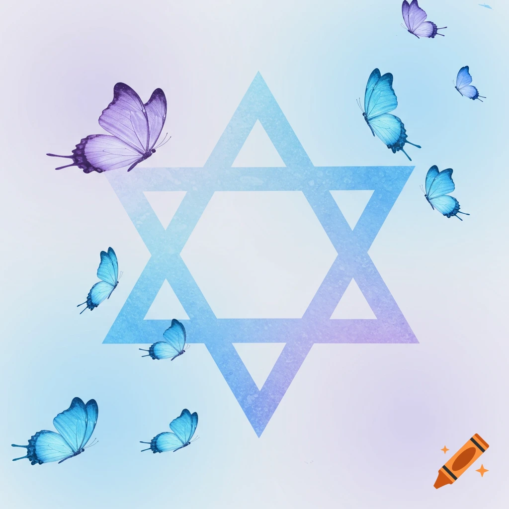 A textured Star of David with light blue and purple butterflies flying around it on a gradient background.