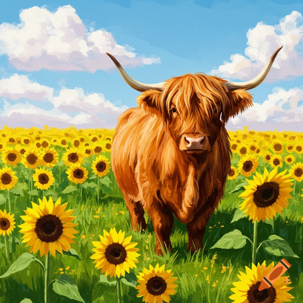 A fluffy brown Highland cow stands in a field of bright yellow sunflowers under a blue sky.