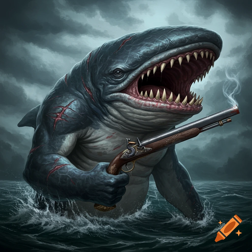 Muscular shark creature holding a musket in a stormy sea