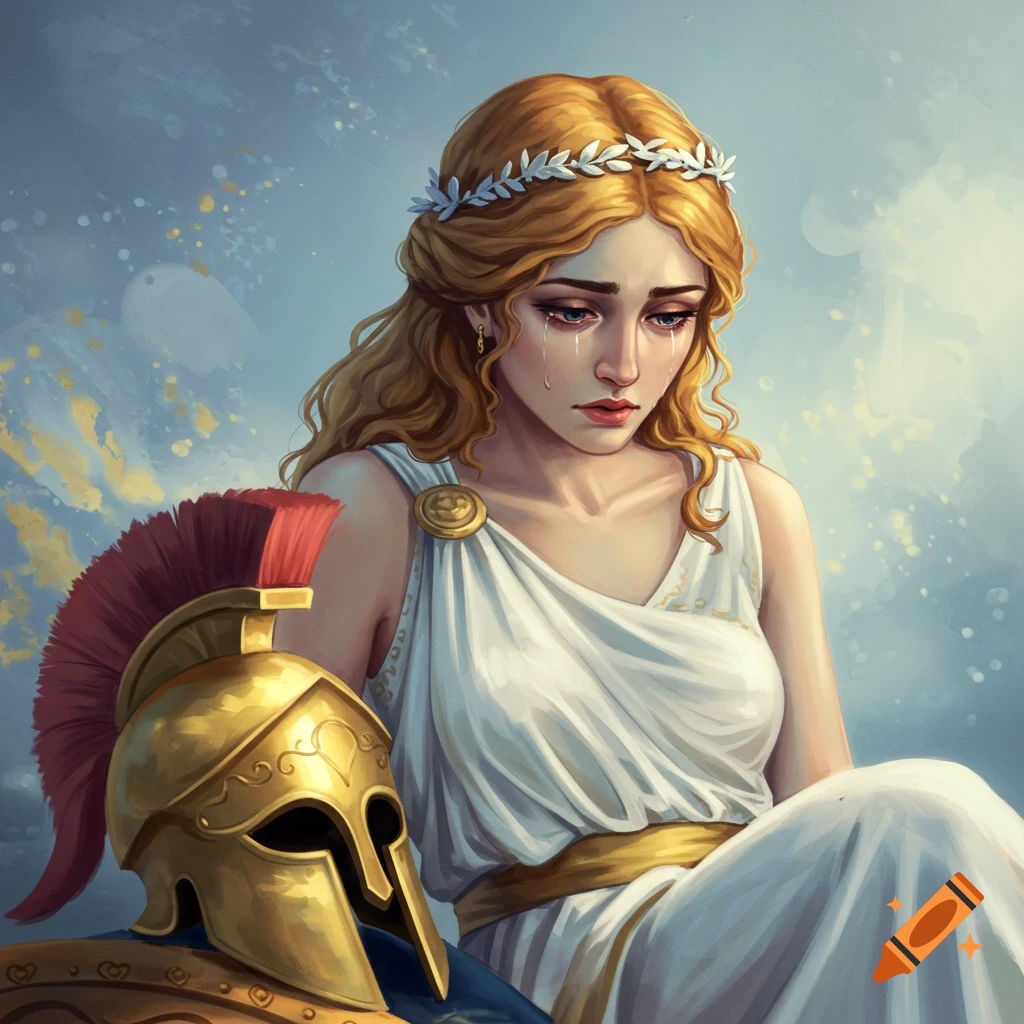 A sad woman in a white dress and wreath cries next to a golden Greek helmet in a painted style.