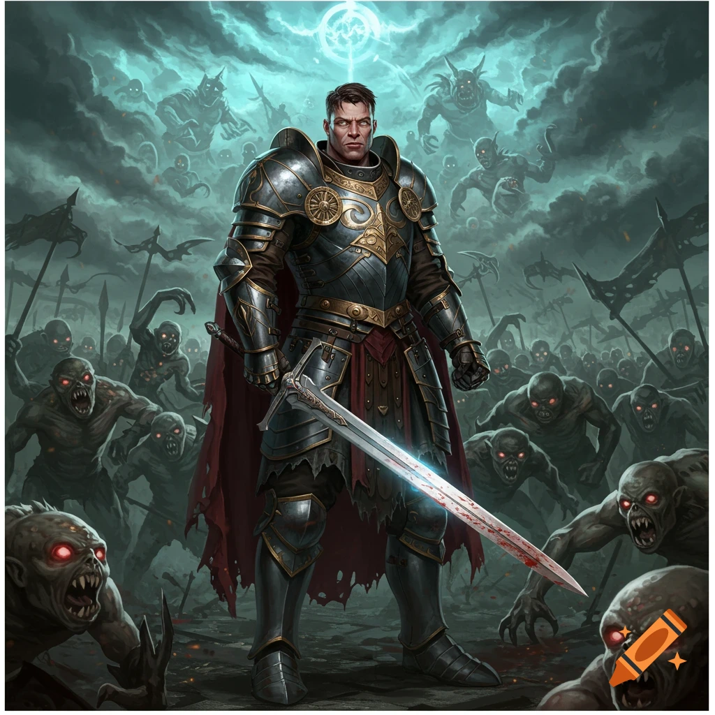 A knight in detailed armor stands ready to fight a horde of monstrous creatures in a dark fantasy style.