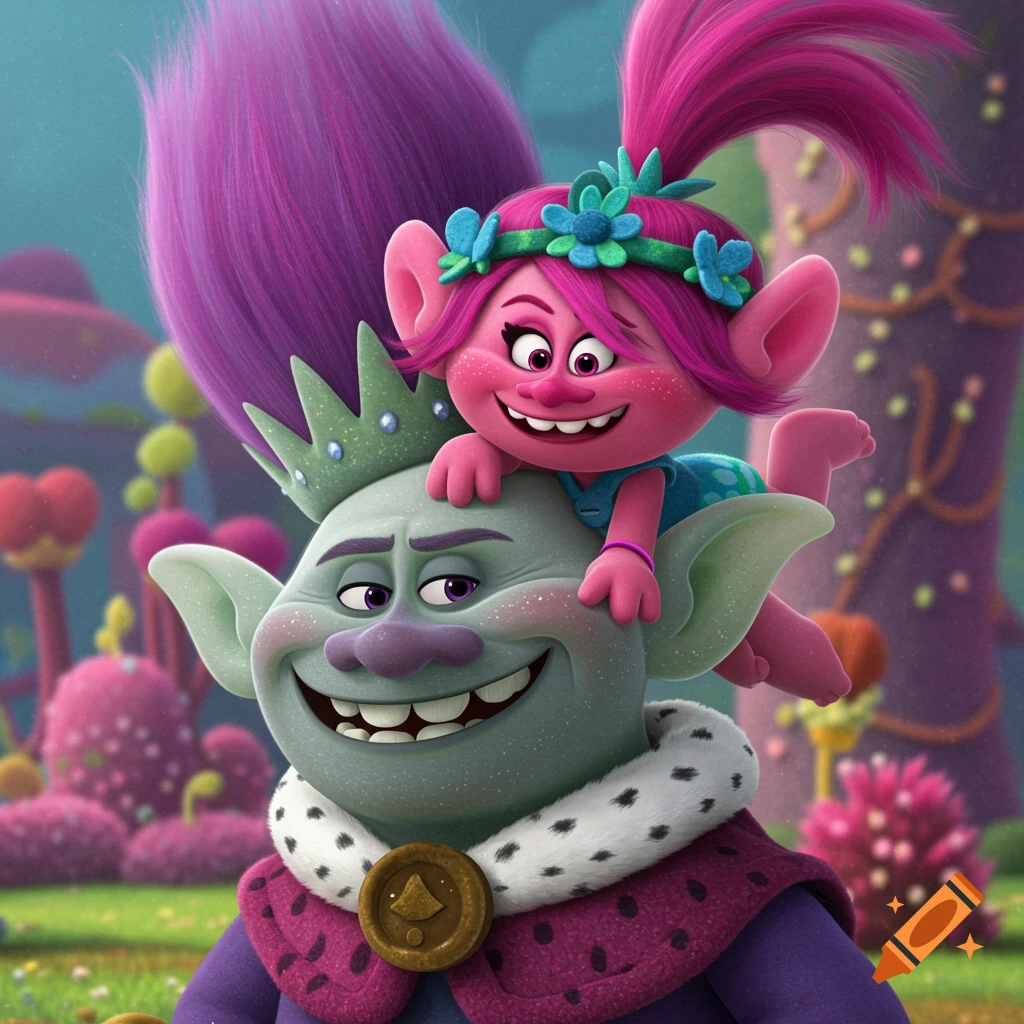 Two Trolls movie characters, one sitting on the other's head, smiling in a colorful forest.