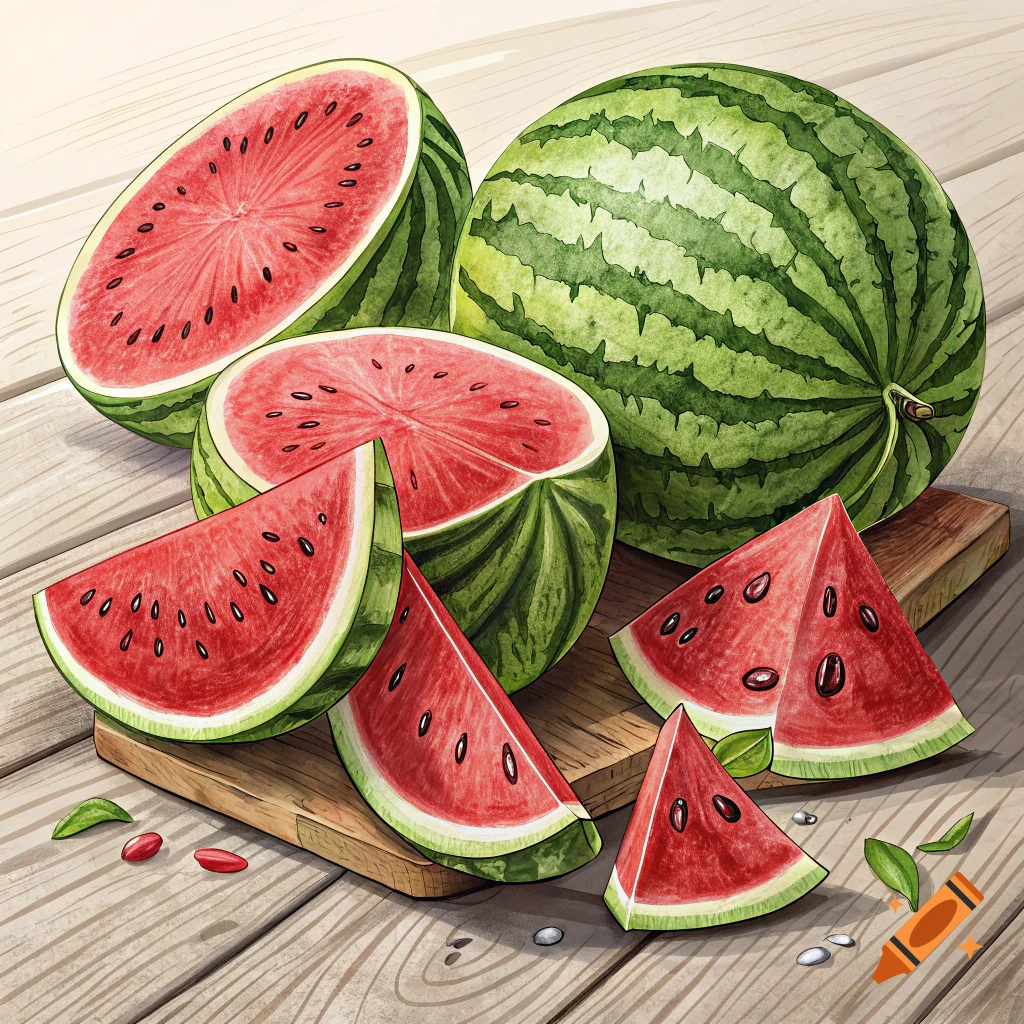 An illustration of a whole watermelon and slices on a wooden table.