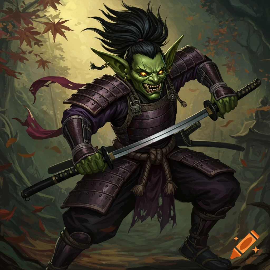 A green goblin in samurai armor holds two swords in a forest.