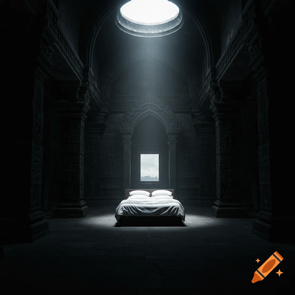 A bed sits in the center of a dark stone temple room lit by a skylight and window.