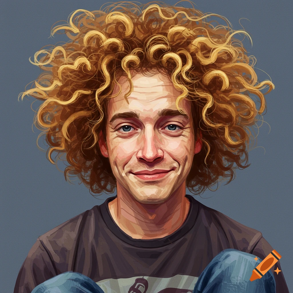A stylized portrait of a young man with curly blond hair, smiling slightly.