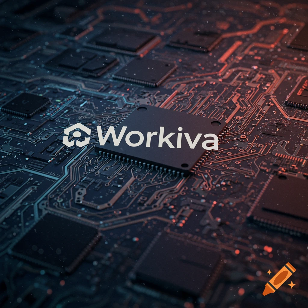 Close-up of a computer chip with the Workiva logo on a circuit board.
