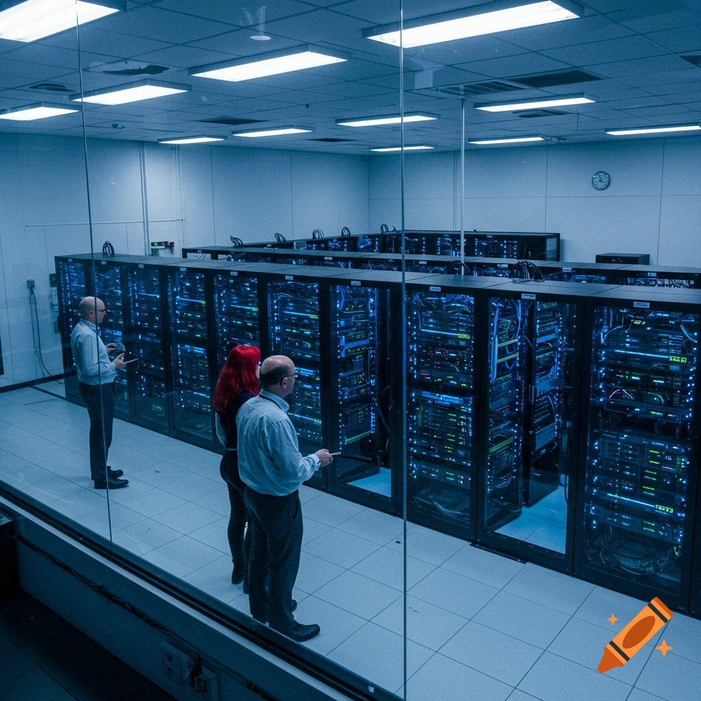 Three people observing server racks in a data center.
