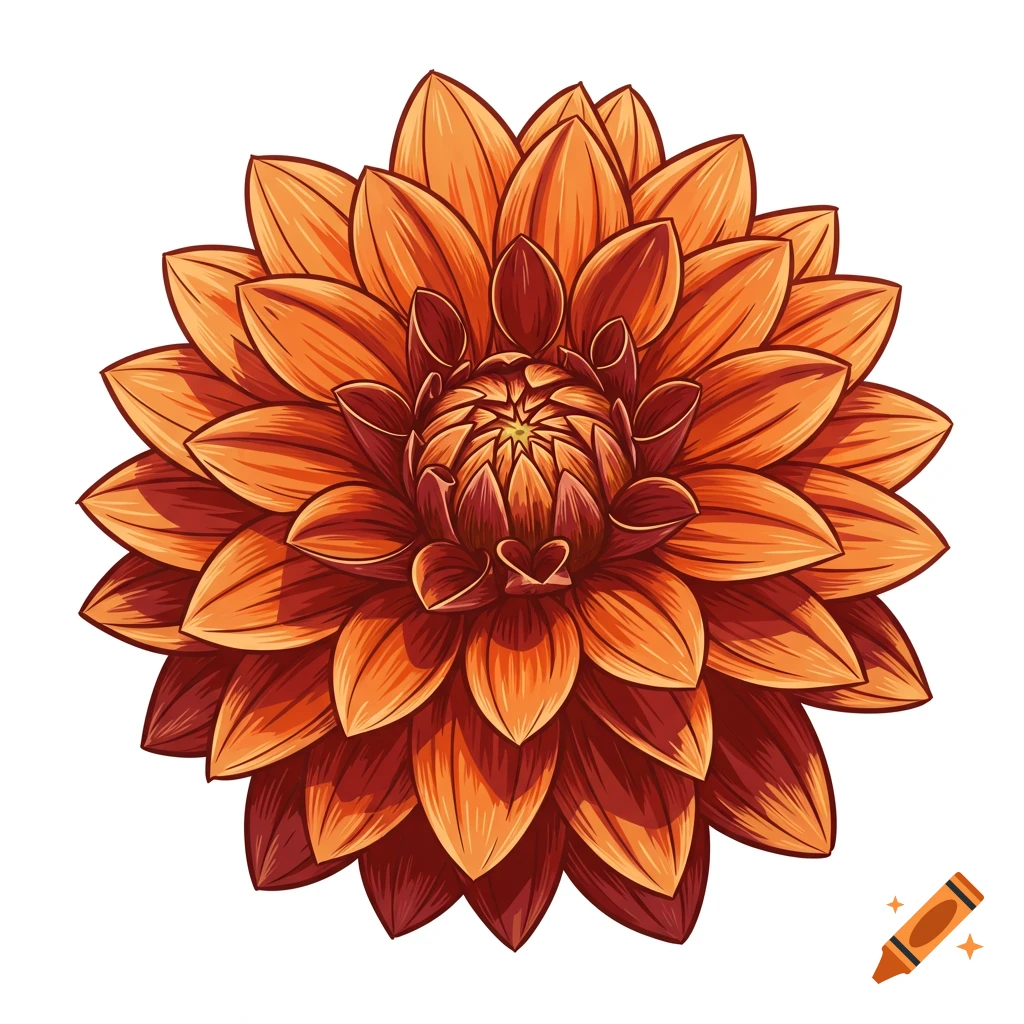 Stylized illustration of an orange dahlia flower.