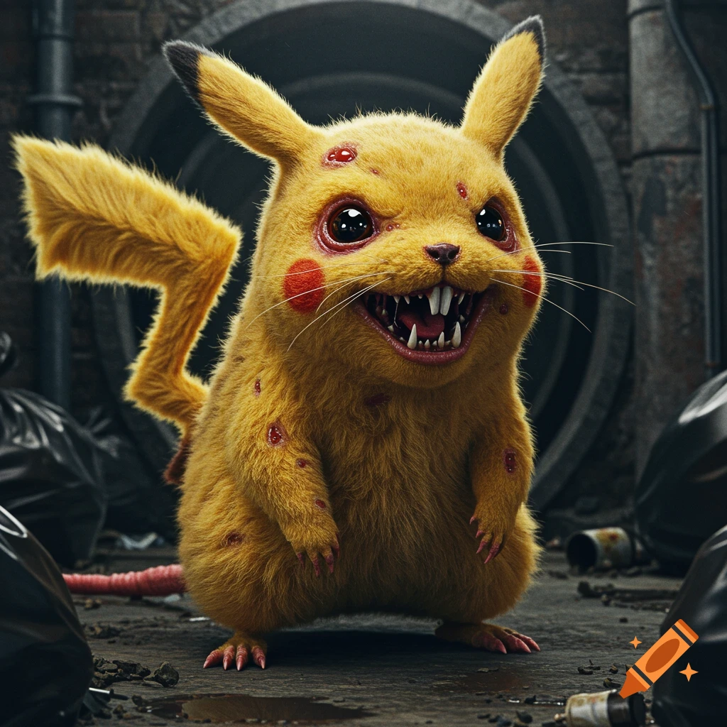 A deformed, rat-like Pikachu stands in a dirty sewer with trash bags.