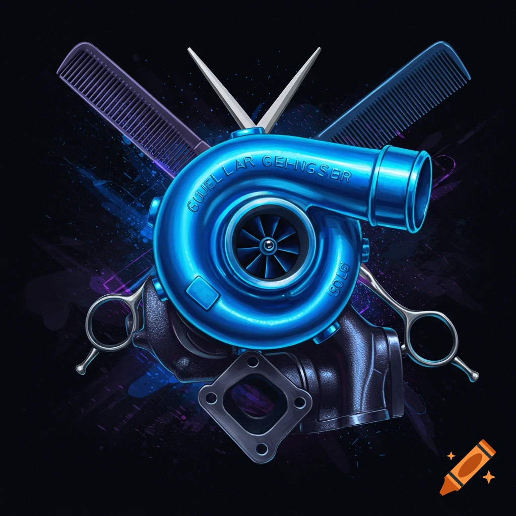 A blue turbocharger sits center with silver scissors and purple combs crossed behind it on a dark background.