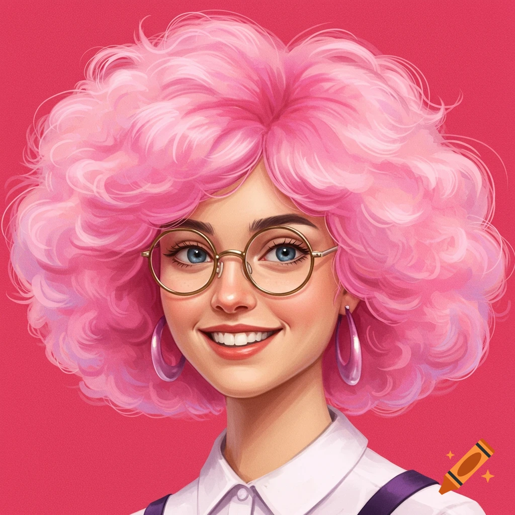 Illustration of a person with bright pink fluffy hair, glasses, and a wide smile.