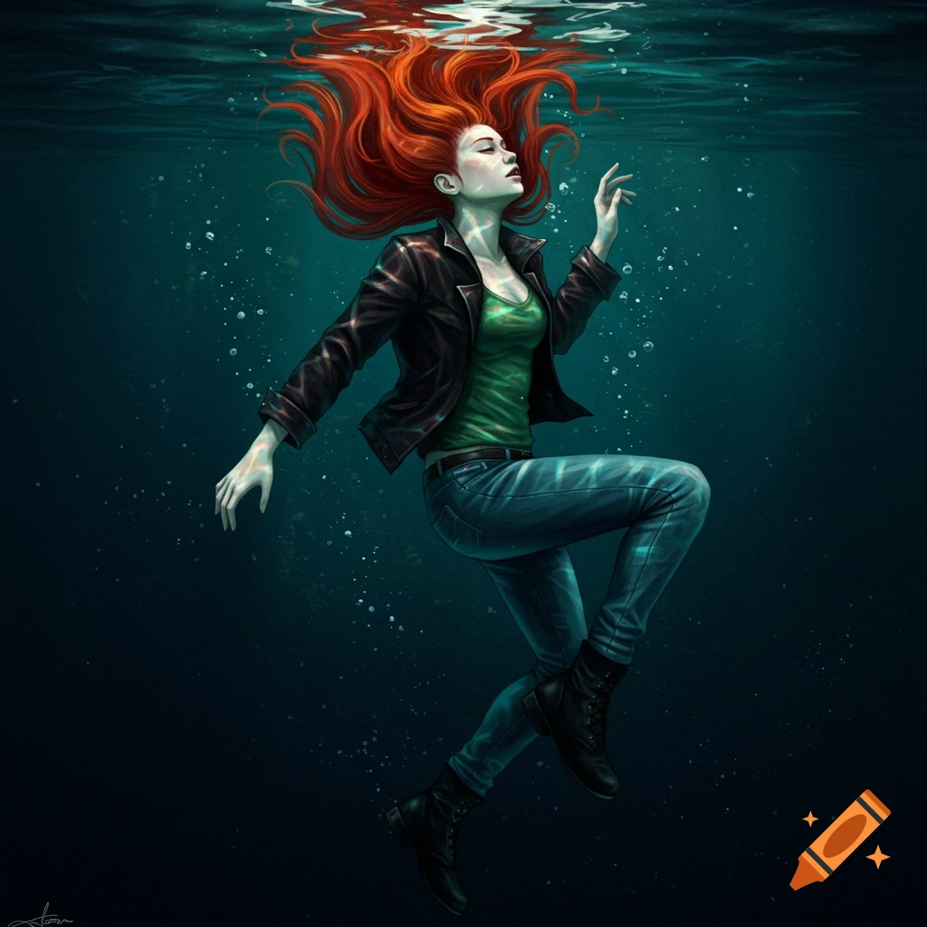 Digital art illustration of a red-haired woman floating underwater wearing a black jacket, green top, and jeans.
