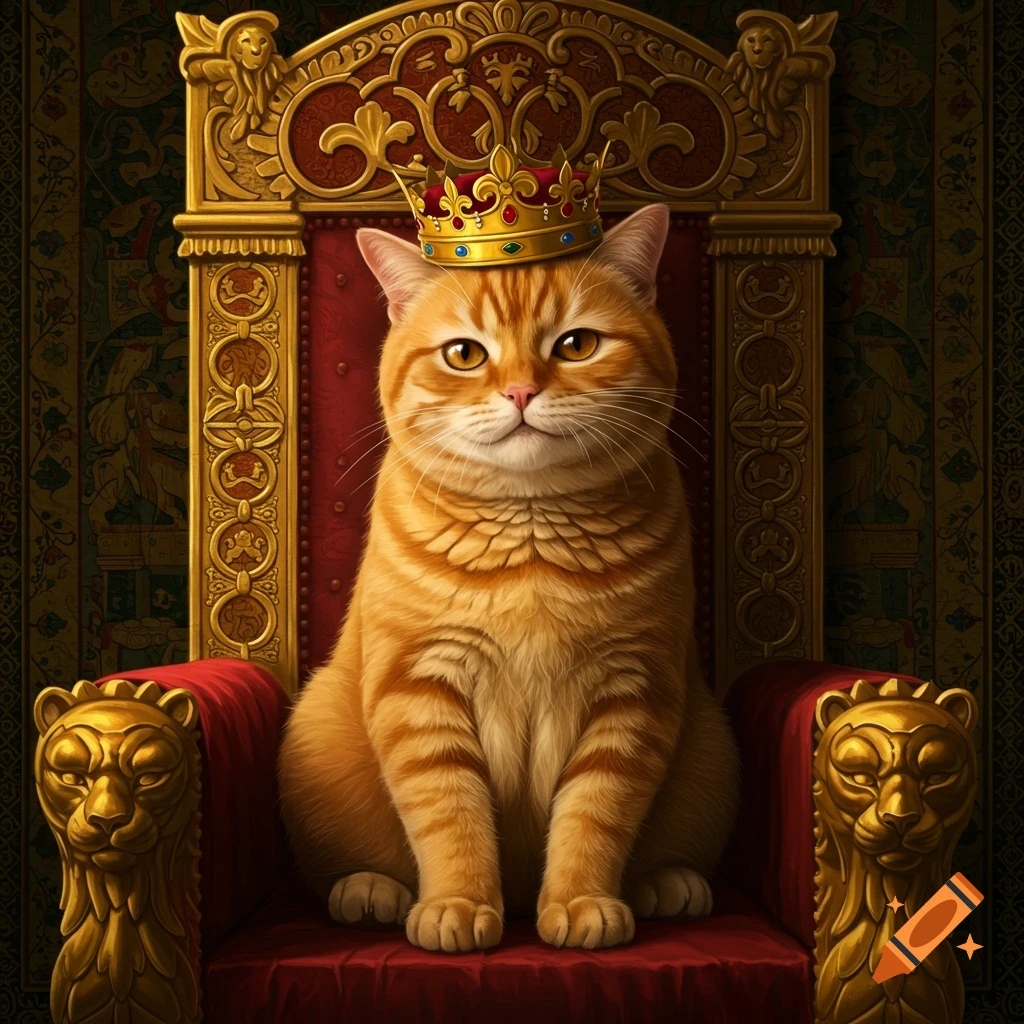 An orange tabby cat wears a small jeweled crown while sitting regally on a large, ornate golden throne.