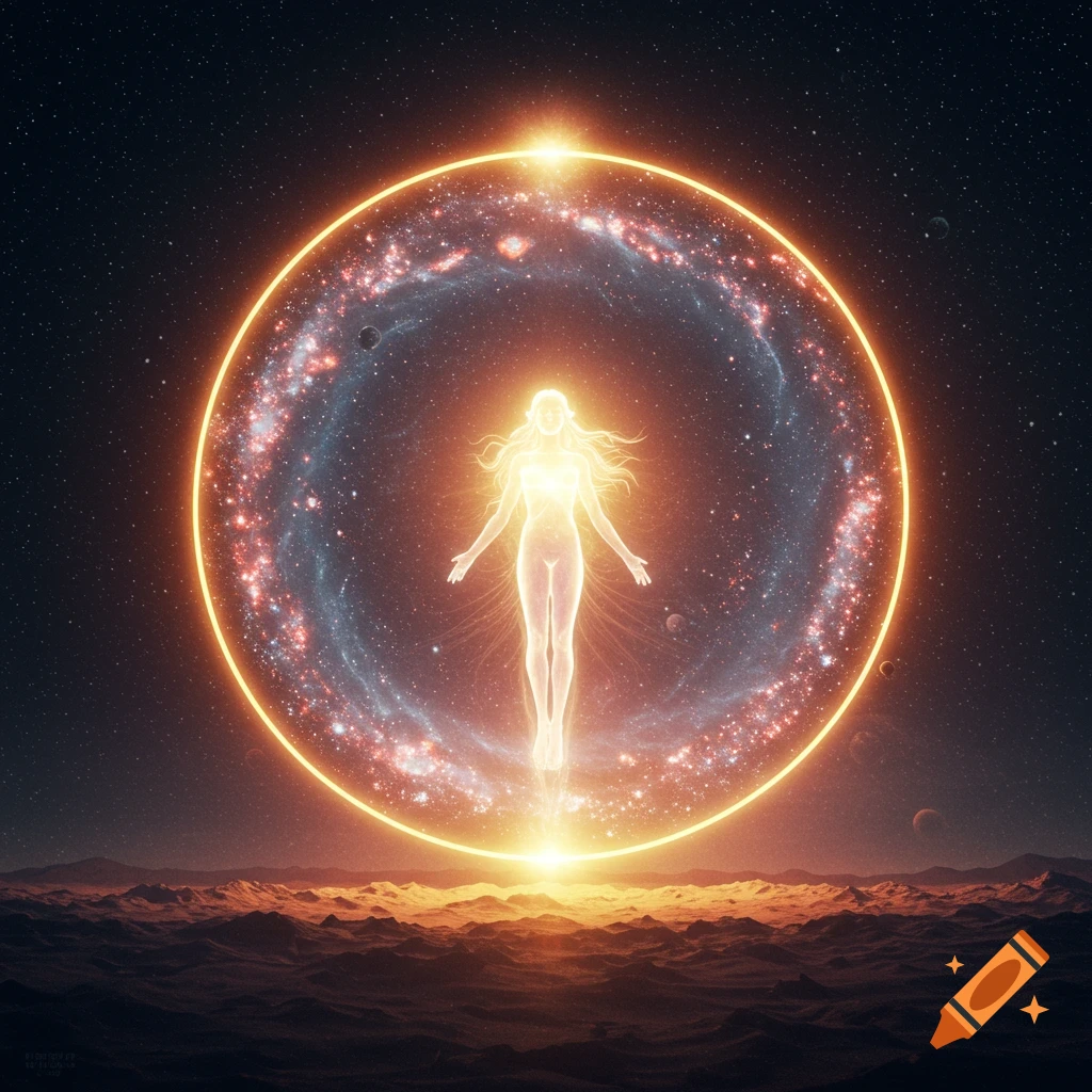 Glowing figure floats in a cosmic circle over a dark landscape under a starry sky.