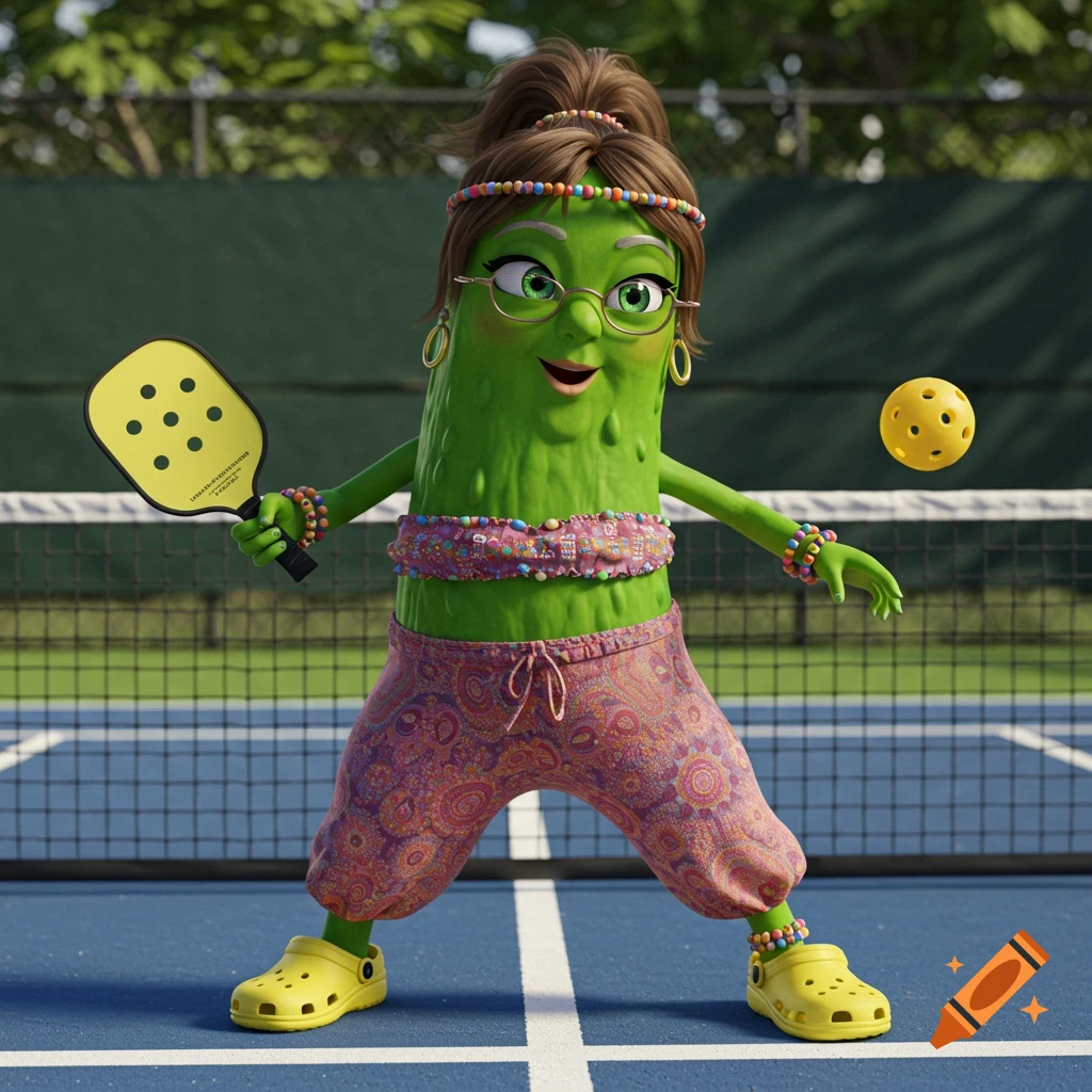 A cartoon pickle in a hippie outfit plays pickleball on a court, holding a paddle