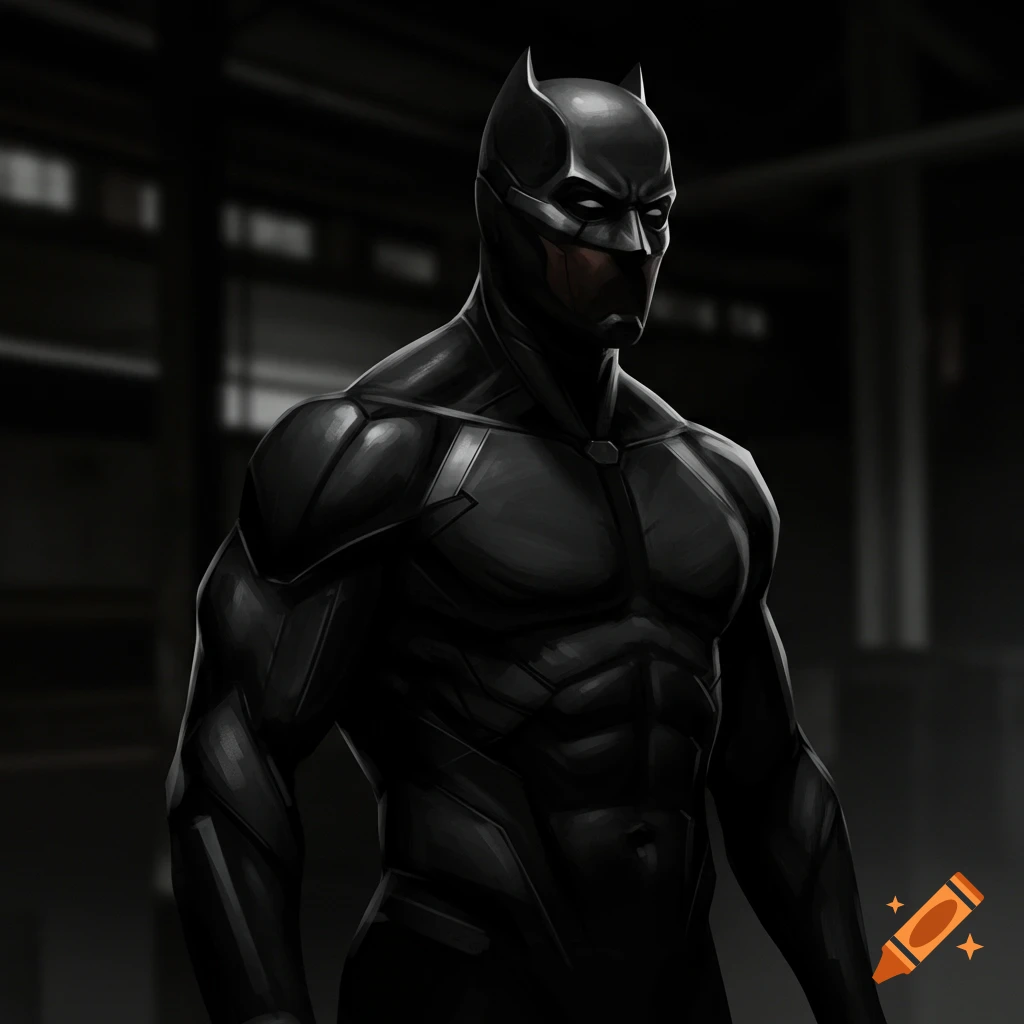 A muscular figure in a black superhero suit stands in a dark room.