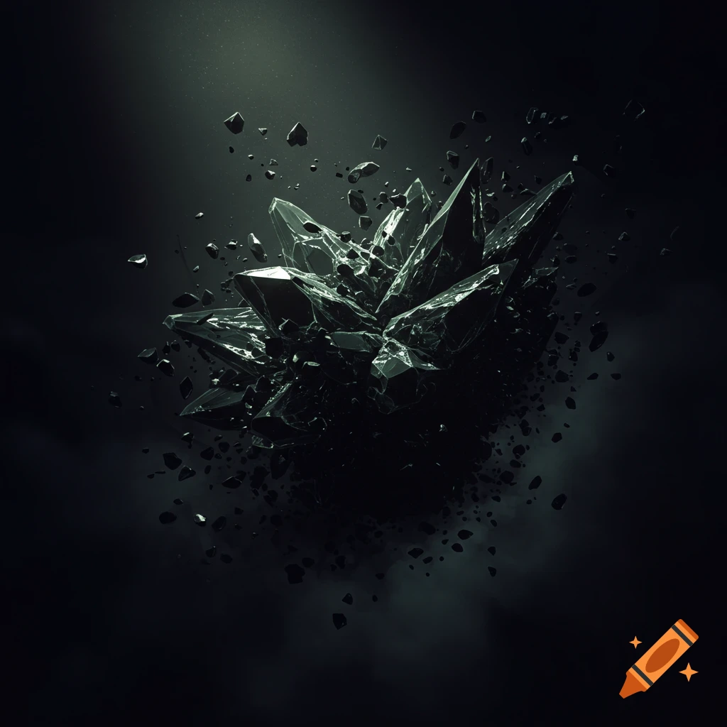 Dark, sharp obsidian shards floating in atmospheric darkness
