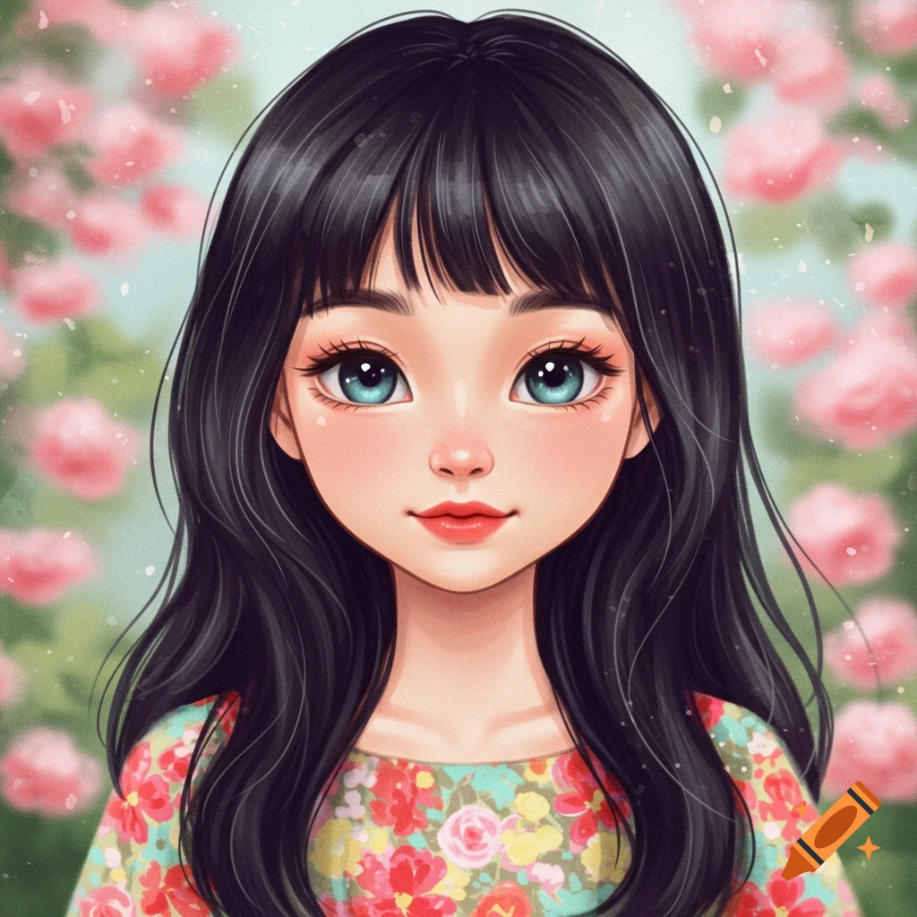 Illustration of a young girl with black hair and big eyes wearing a floral shirt, against a background of pink flowers.