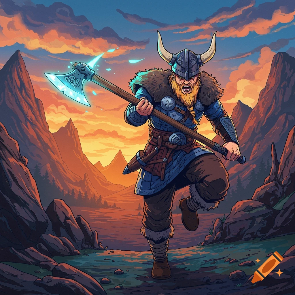 Anime-style illustration of a Viking with an axe in a mountainous landscape at sunset.