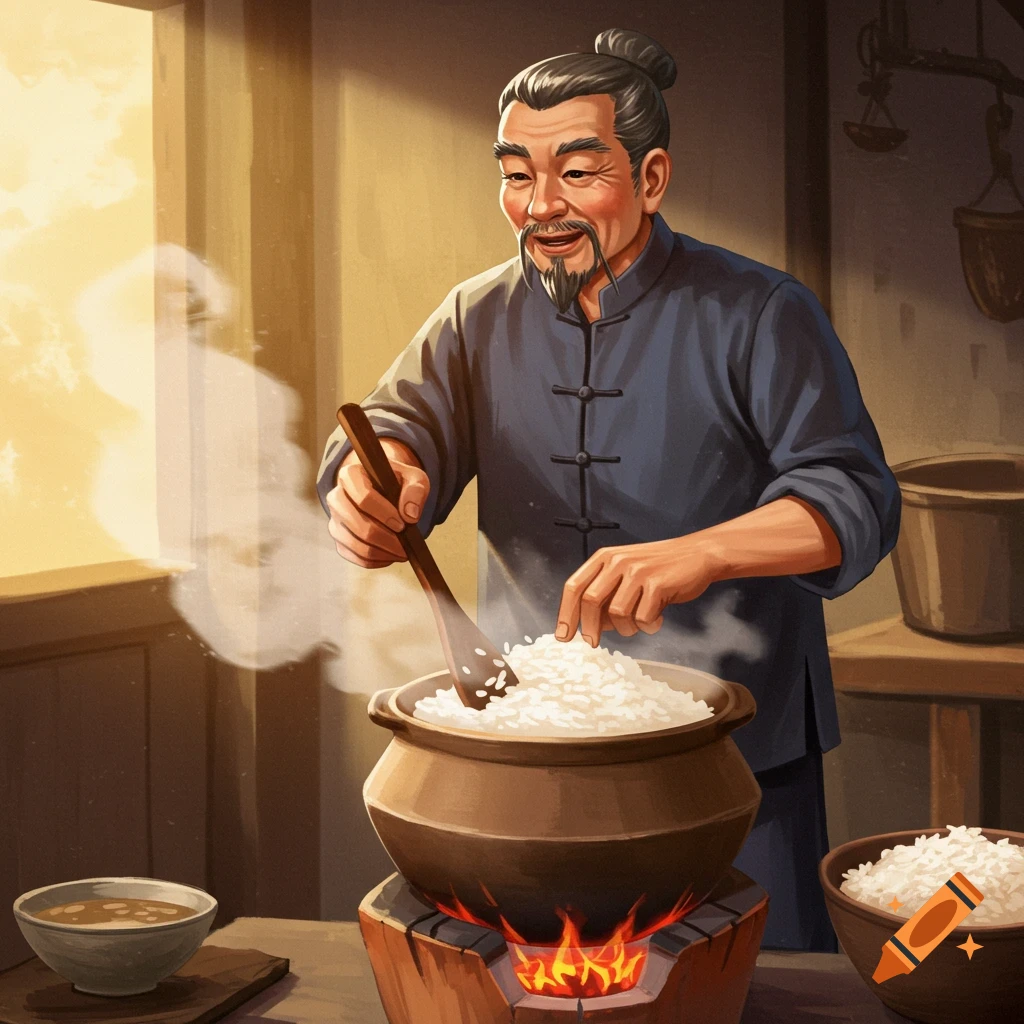 An illustration of an older man in traditional clothing stirring a large pot of rice over a fire.