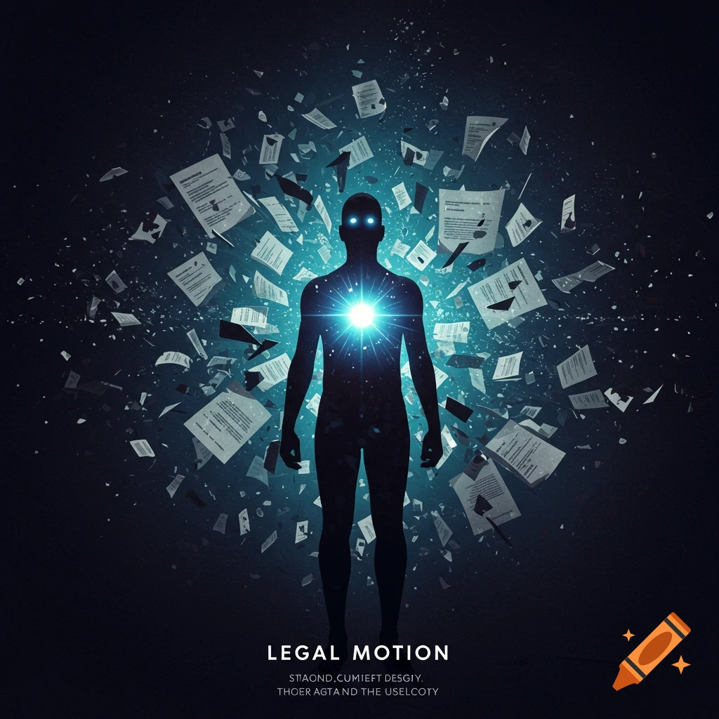 Silhouette figure with glowing heart amidst scattered legal documents against a dark background, abstract style.