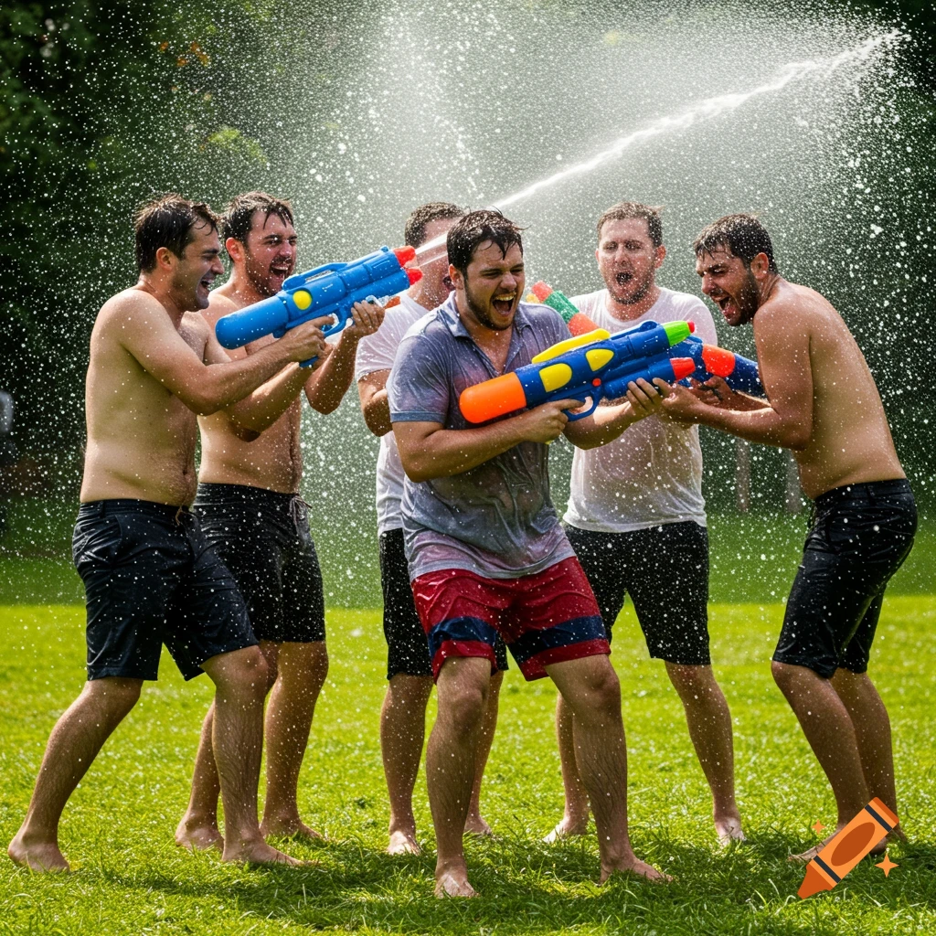 Men having a water gun fight on a grassy field, splashing water everywhere.