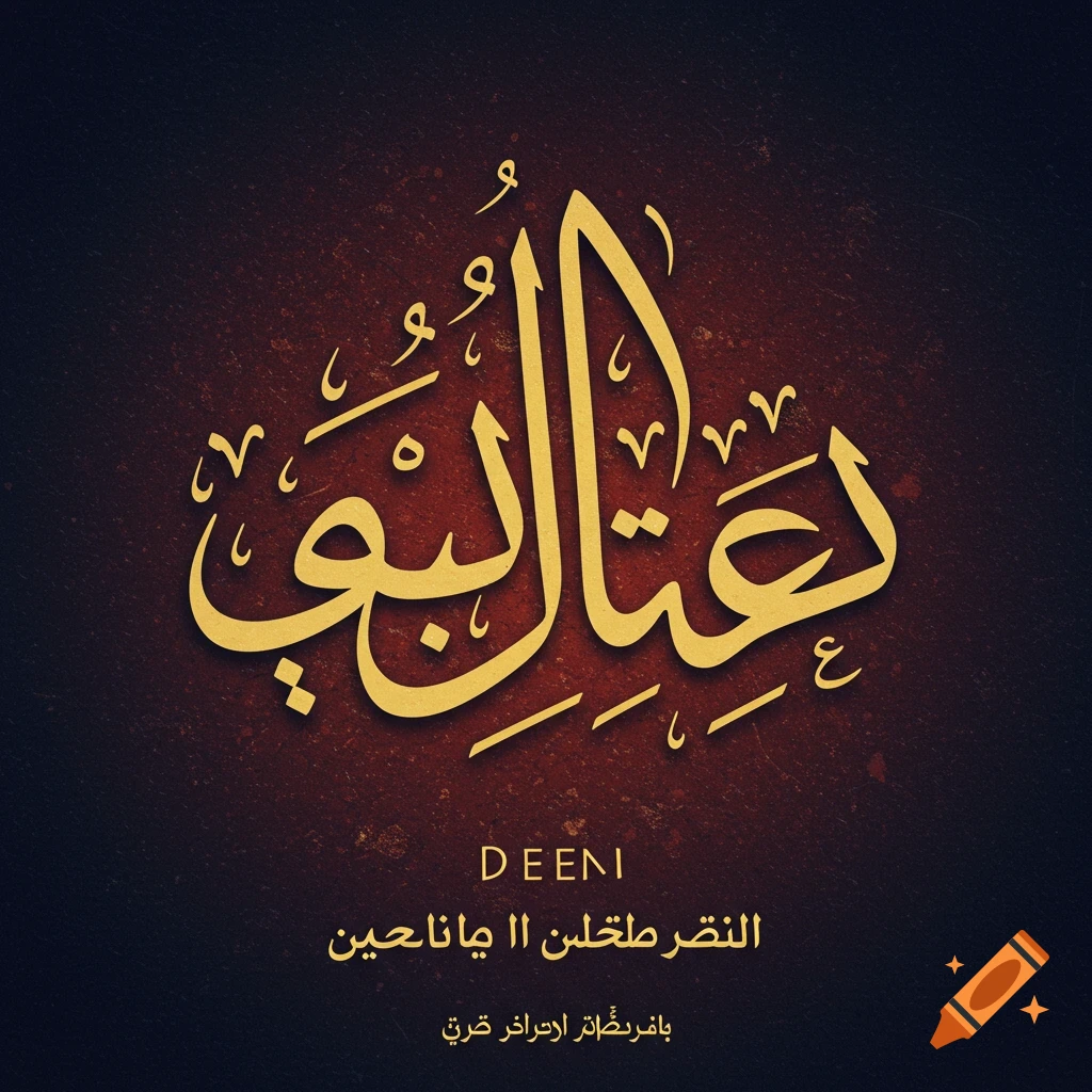 Gold Arabic calligraphy on a dark red and black background with smaller text below.