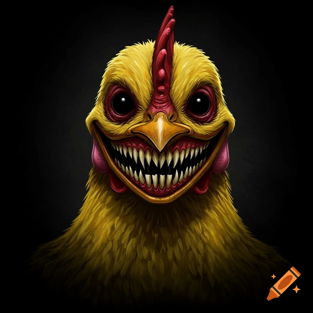 A creepy yellow chicken with sharp teeth grins widely on a black background.