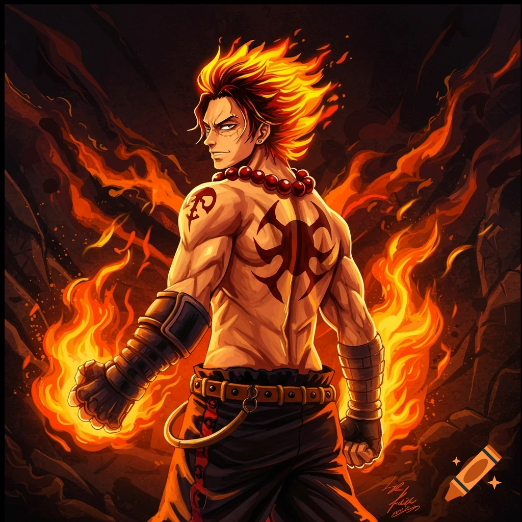Anime illustration of a man with fiery hair and tattoos surrounded by fire in a dark, rocky setting.