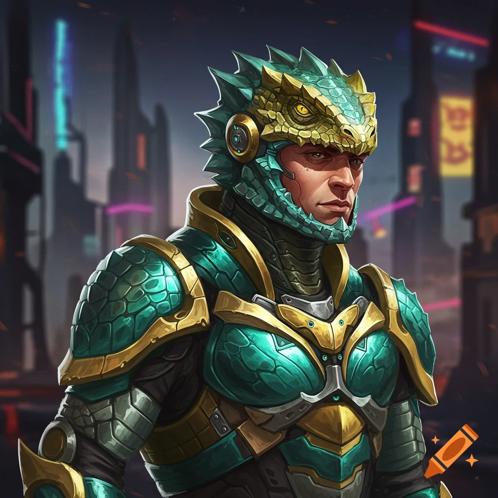 Man in futuristic lizard armor in a city.
