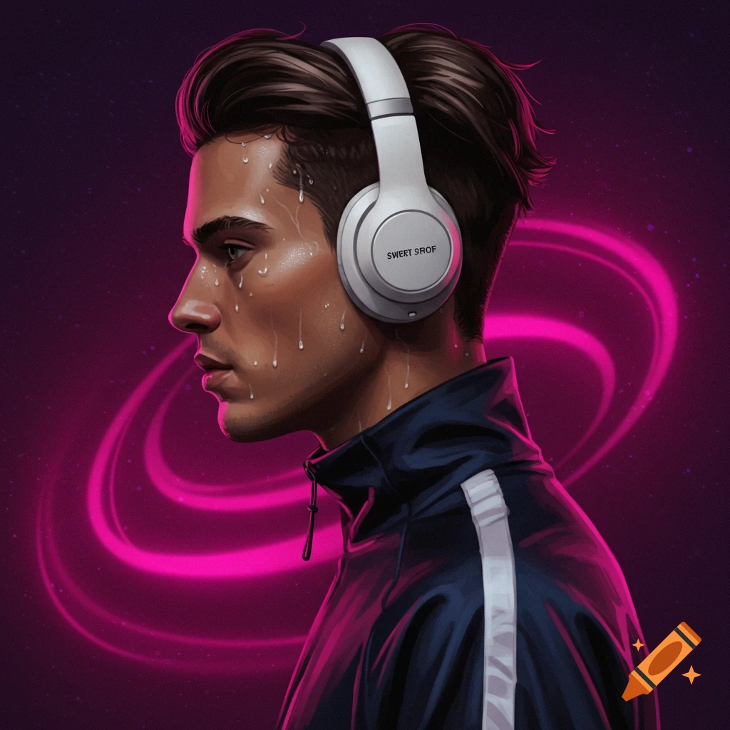Illustration of a man in profile wearing headphones and a tracksuit, sweating against a swirling pink neon background.