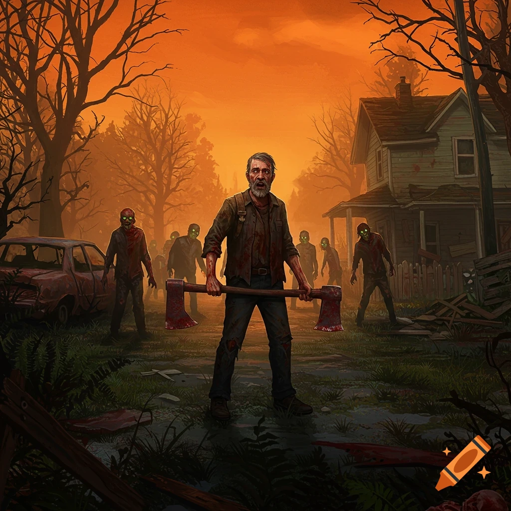 A man with two axes faces a horde of zombies in a rural apocalyptic setting.