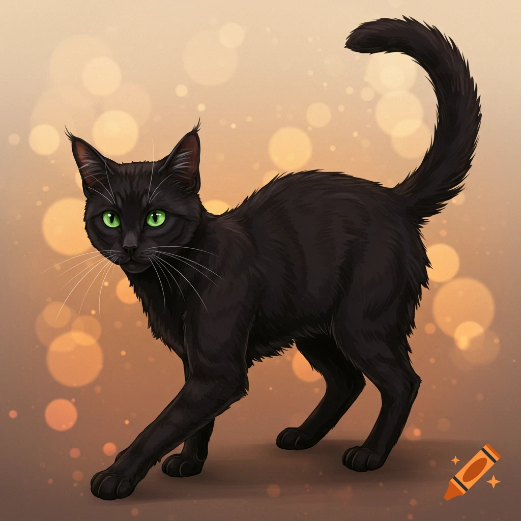 Illustration of a black cat with green eyes on a bokeh background.