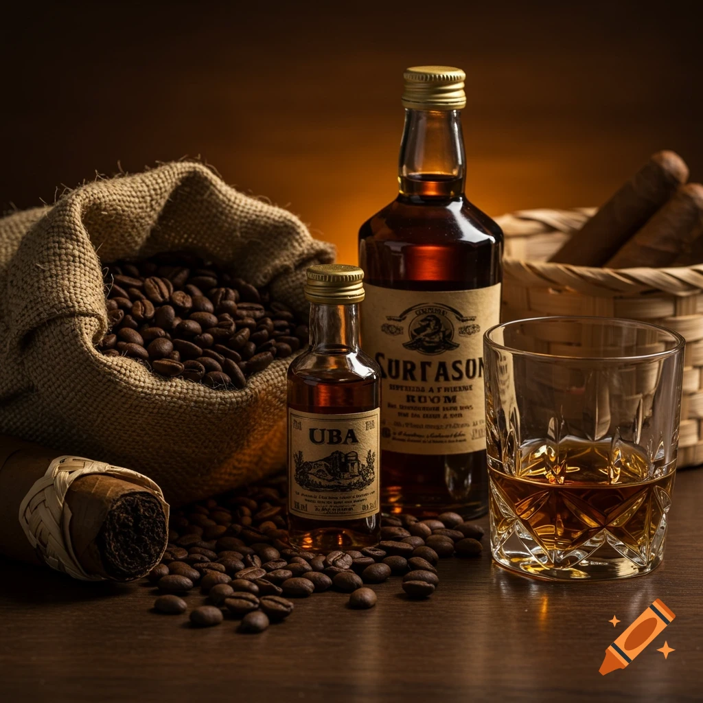 Photorealistic still life with coffee beans, rum bottle, whiskey glass, and cigar.