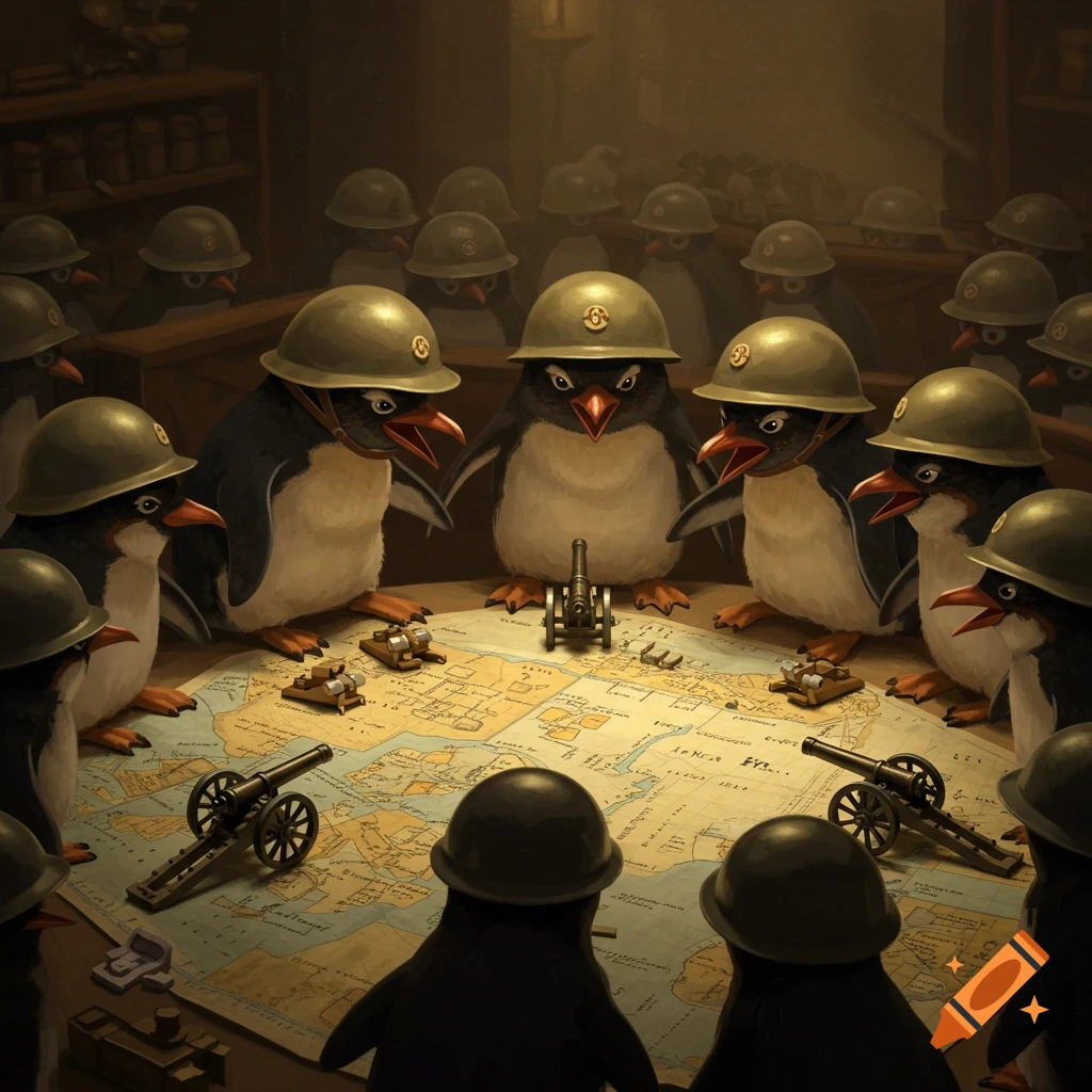 Penguins wearing WWI helmets gather around a war table with a map, miniature cannons, and tanks.